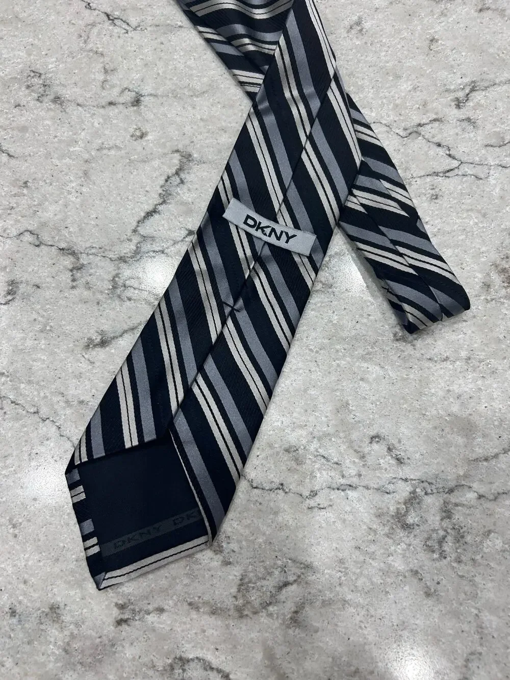DKNY Men’s Silk Tie – Black Silver Gray Striped Classic Necktie